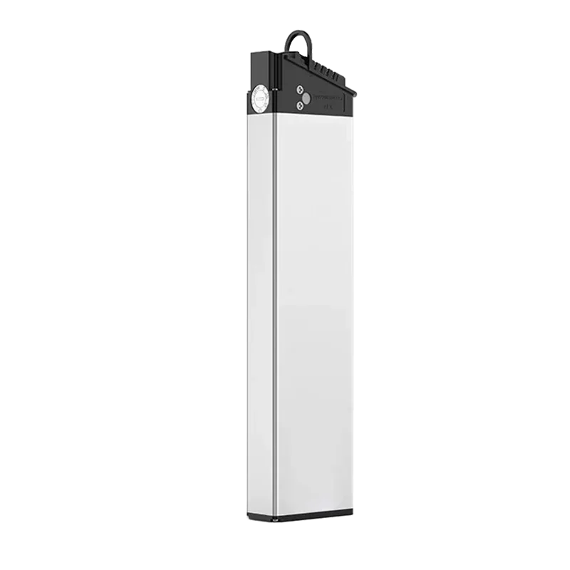 Slim white lithium-ion battery pack with black top and handle for electric bike or scooter