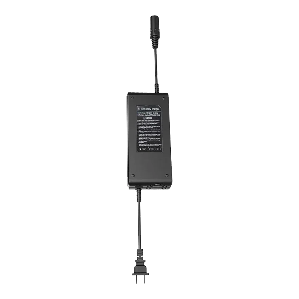 Black Li-ion battery charger with power plug and output cable, rectangular design