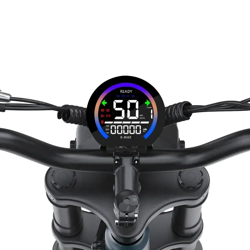 Close-up of e-bike handlebar with digital display showing speed 50, gear 1, and ready status