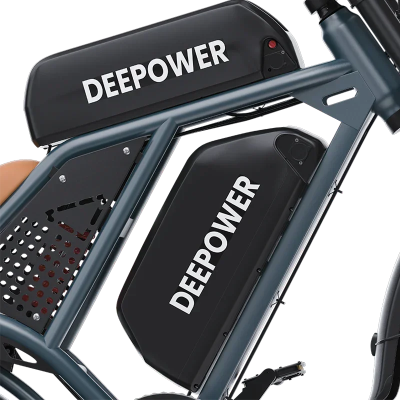 Close-up of DEEPOWER electric bike frame with dual black battery packs labeled DEEPOWER