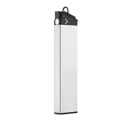 Slim white lithium-ion battery pack with black top and handle for electric bike or scooter