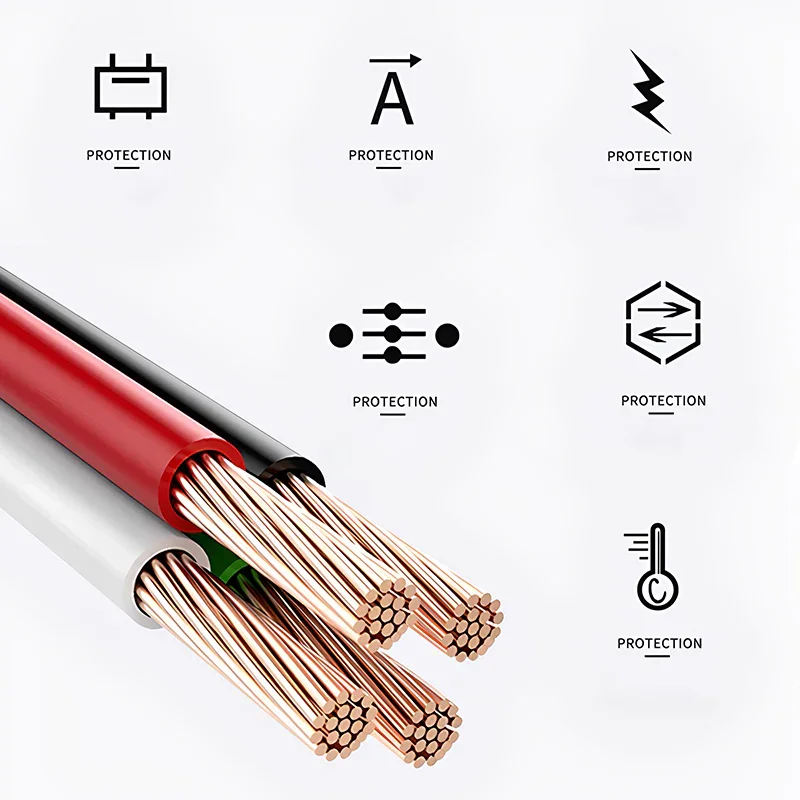 Close-up of red, black, white electrical wires with copper strands and protection icons