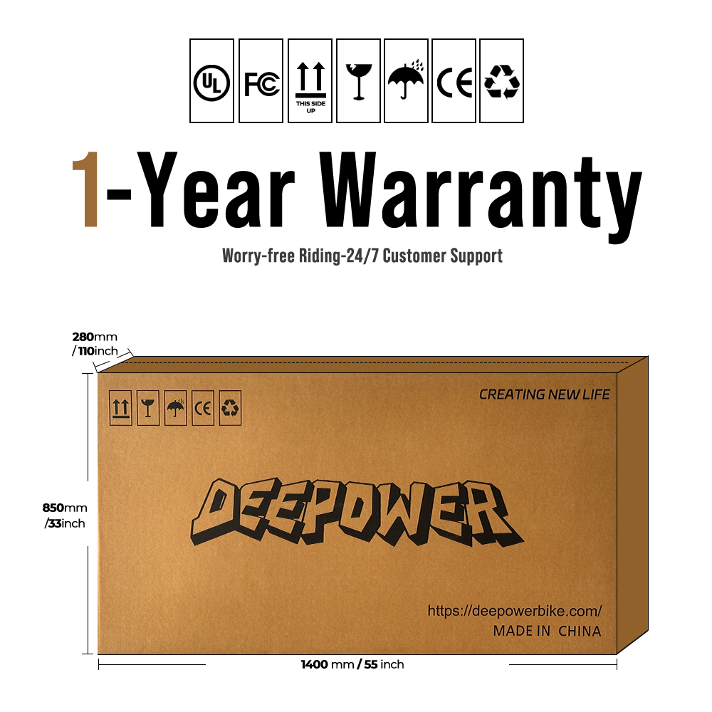 DEEPPOWER branded brown shipping box with packaging icons and website link for electric bikes