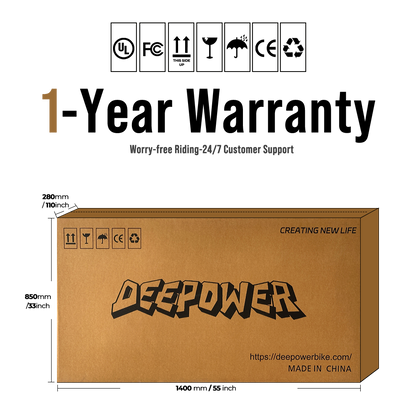 DEEPPOWER branded brown shipping box with packaging icons and website link for electric bikes