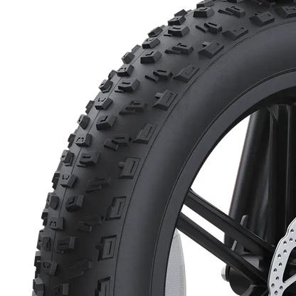 Close-up of 20-inch wide knobby tire for mountain bike with black spokes and disc brake
