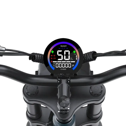 Close-up of e-bike handlebar with digital display showing speed 50, gear 1, and ready status