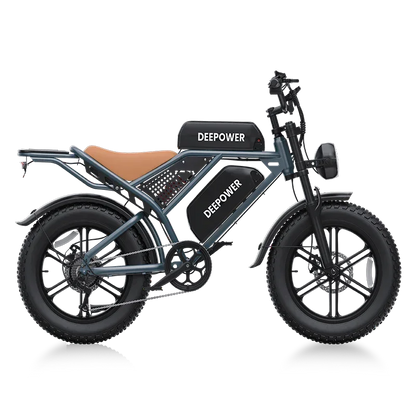 Deepower electric bike with fat tires, brown seat, and black frame labeled DEEPOWER