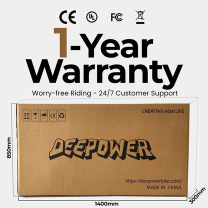 DeepPower electric bicycle packaging box with 1-year warranty and certification icons