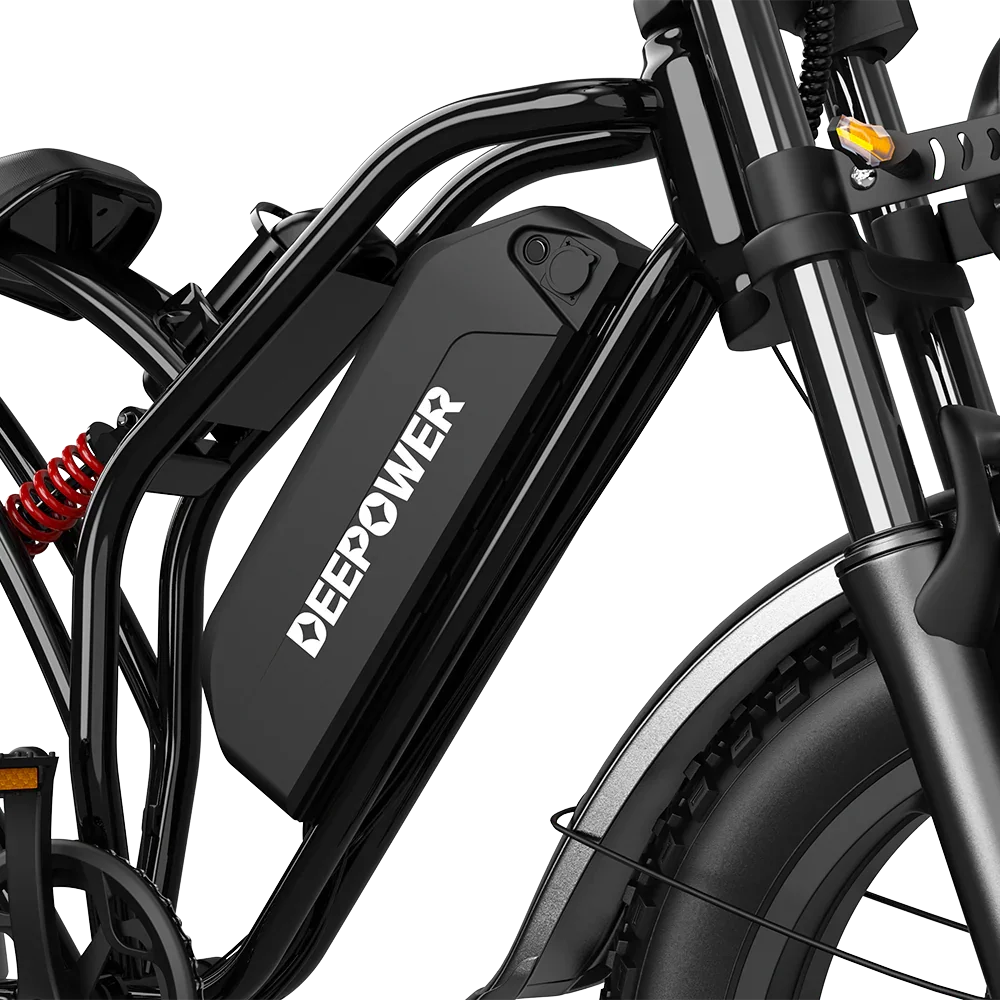 Close-up of DEEPOWER electric bike black lithium battery integrated into frame, front tire and suspension
