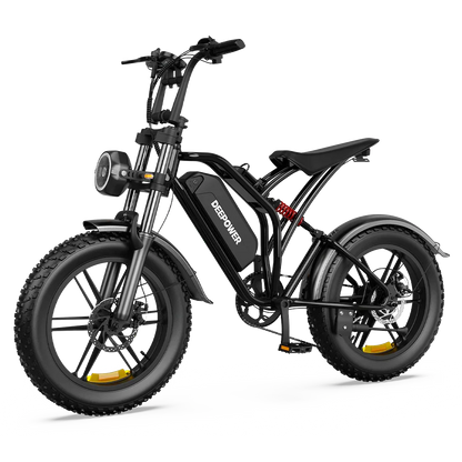 DEEPOWER black electric fat tire bike with front suspension and LED headlight, shown front left 45 degrees