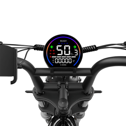 DEEPOWER e-bike handlebar with round LCD display showing speed 50 mph, gear 3, turn signals, and trip data