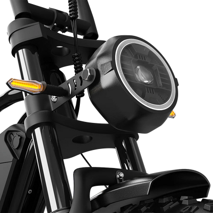 Close-up of DEEPOWER electric bike front headlight and amber turn signal lights on black frame